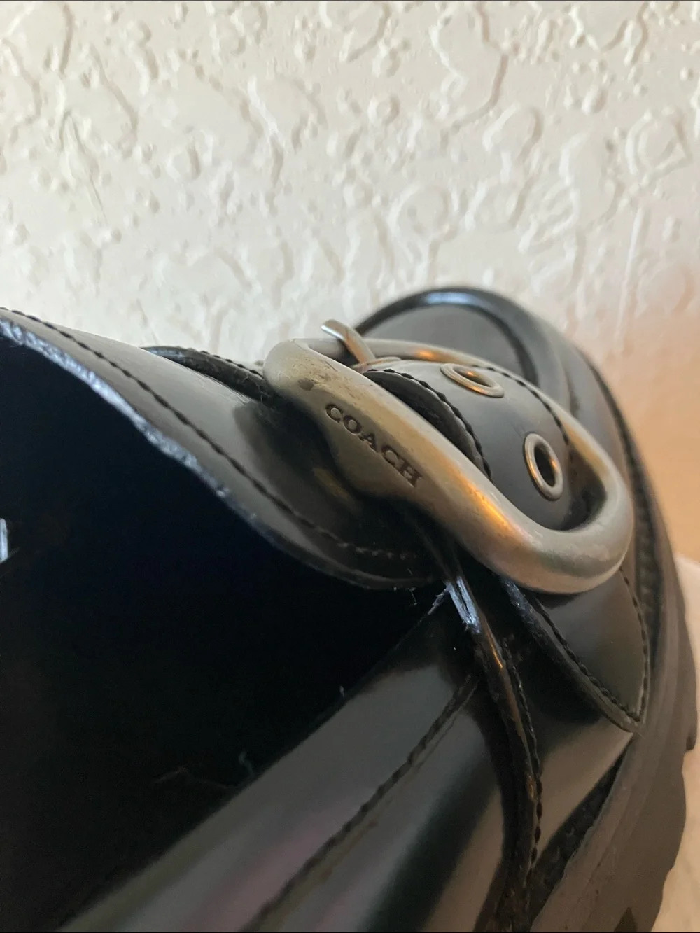 Coach: Black Grand (G2448) Leather Silver Tone Buckle Lug Loafer Slip-On Shoe- 9